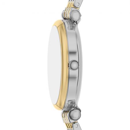 Quarzwerk poliertes Edelstahlgehäuse mit teil-goldner I.P. Beschichtung Gehäusegröße: 28mm weißes Ziffernblatt mit goldfarbenen Indexen und Zeigern mit Datumsanzeige Edelstahlband mit teil-goldener I.P. Beschichtung   Faltschließe mit Drückern Mineralglas