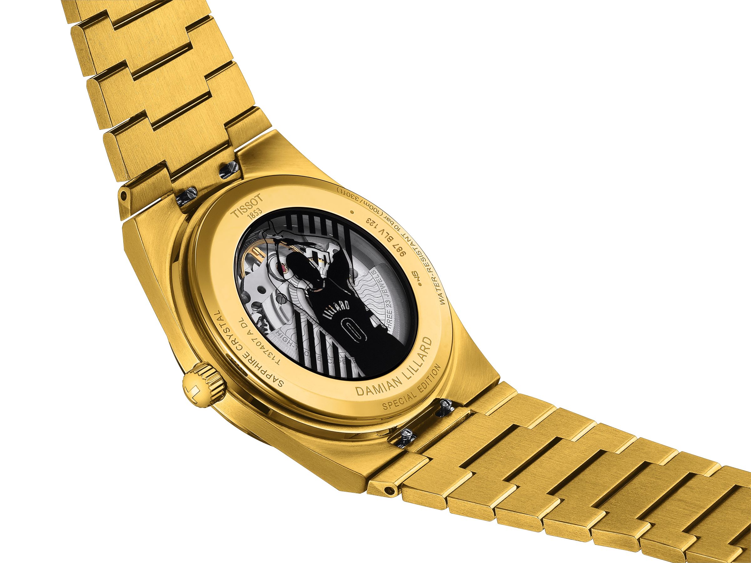 TISSOT Herren Armbanduhr PRX POWERMATIC 80 DAMIAN LILLARD SPECIAL EDITION T1374073305100 Automatikwerk bis zu 80 Stunden Gangreserve Nivachron Spiralfeder schwarzes Zifferblatt mit Wabenmotiv Ende des...
