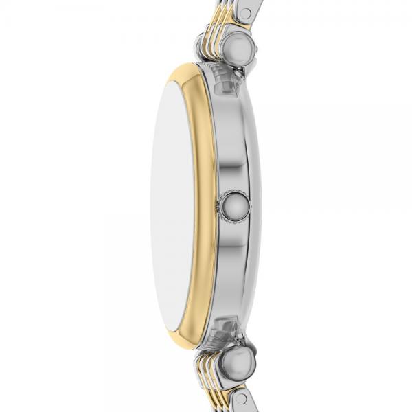 Quarzwerk poliertes Edelstahlgehäuse mit teil-goldner I.P. Beschichtung Gehäusegröße: 28mm weißes Ziffernblatt mit goldfarbenen Indexen und Zeigern mit Datumsanzeige Edelstahlband mit teil-goldener I.P. Beschichtung   Faltschließe mit Drückern Mineralglas
