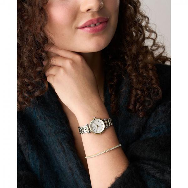 Quarzwerk poliertes Edelstahlgehäuse mit teil-goldner I.P. Beschichtung Gehäusegröße: 28mm weißes Ziffernblatt mit goldfarbenen Indexen und Zeigern mit Datumsanzeige Edelstahlband mit teil-goldener I.P. Beschichtung   Faltschließe mit Drückern Mineralglas